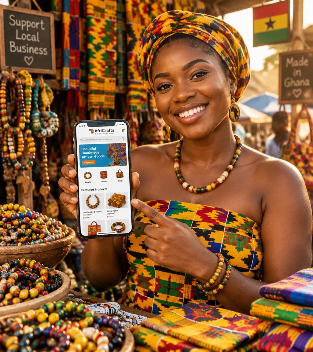 Ghanaian seller showing her online shop on a phone